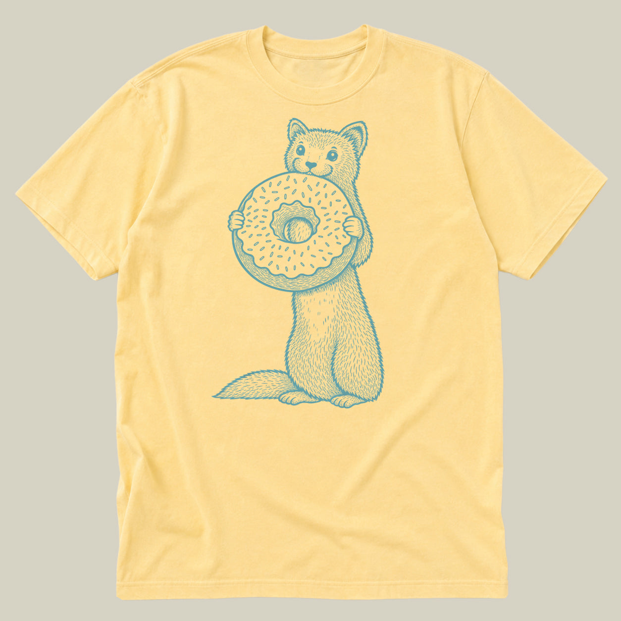 A turquoise blue short-sleeve crewneck t-shirt featuring a graphic of a yellow cartoon weasel holding a yellow donut with sprinkles, displayed flat against a solid light beige background.